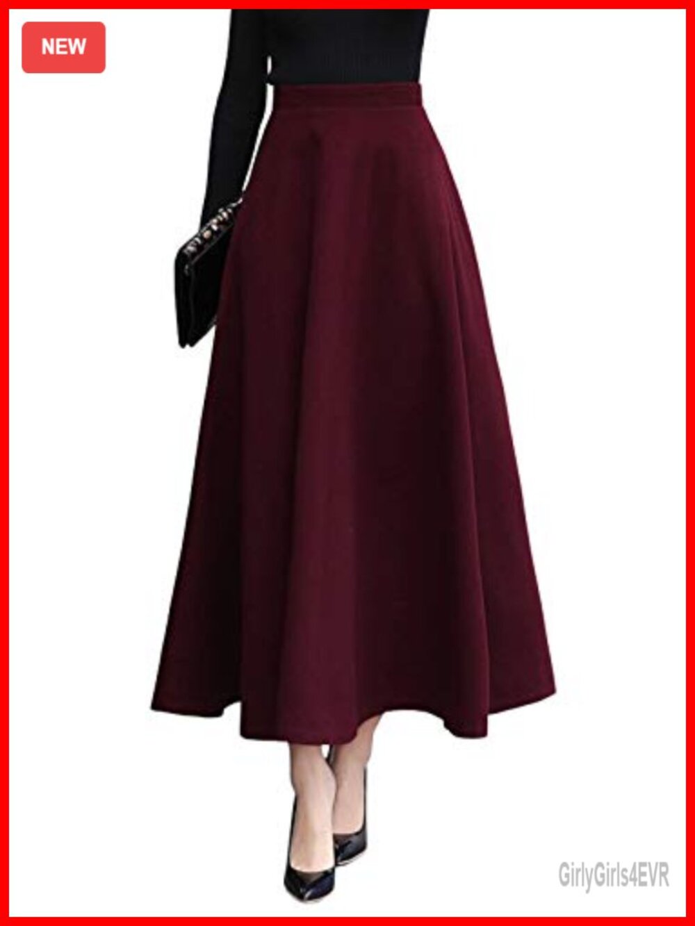 Wool Blend High Waist A-Line Flared Maxi Skirt Elastic Waist Pockets